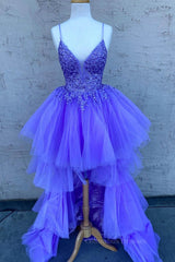 Bridesmaids Dress Floral, High Low V Neck Purple Lace Long Prom Dress, Lilac Lace Formal Dress, Purple Evening Dress