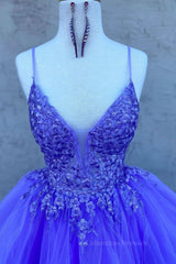 Bridesmaid Dress Floral, High Low V Neck Purple Lace Long Prom Dress, Lilac Lace Formal Dress, Purple Evening Dress