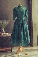 Prom Dresses Pieces, High Neck Half Sleeves Green Lace Prom Dress, Green Lace Formal Graduation Homecoming Dress