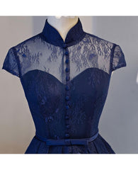 Formal Dresses Graduation, High Neck Homecoming Dress, Lace Dark Navy Lace-up Short Prom Dress