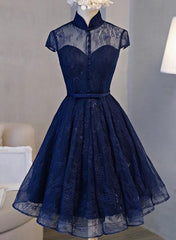 Formal Dresses To Wear To A Wedding, High Neck Homecoming Dress, Lace Dark Navy Lace-up Short Prom Dress