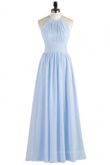Party Dress Over 76, High Neck Light Blue Chiffon Empire Long Bridesmaid Dress
