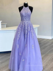Evening Dress Shops, High Neck Long Purple Lace Prom Dresses, Purple Lace Formal Evening Dresses