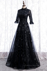 Dress Formal, High Neck Long Sleeves Beading-Embroidered Long Formal Dress