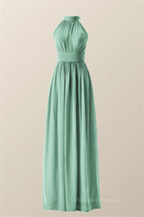 Dance Dress, High Neck Mint Green Chiffon A-line Bridesmaid Dress