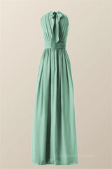 Plu Size Prom Dress, High Neck Mint Green Chiffon A-line Bridesmaid Dress