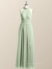 Sparklie Prom Dress, High Neck Mint Green Chiffon A-line Bridesmaid Dress