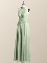 Long Prom Dress, High Neck Mint Green Chiffon A-line Bridesmaid Dress