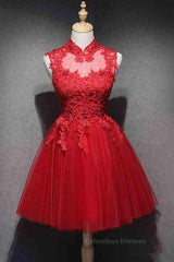 Party Dress Reception Wedding, High Neck Red Lace Short Prom Dress, Red Lace Homecoming Dress, Red Formal Graduation Evening Dress