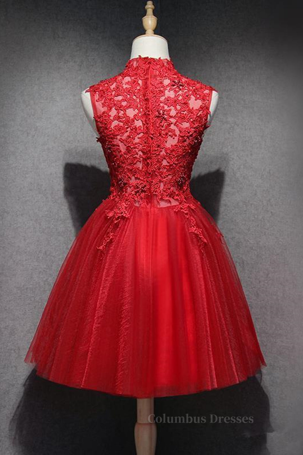 Party Dress Red Colour, High Neck Red Lace Short Prom Dress, Red Lace Homecoming Dress, Red Formal Graduation Evening Dress