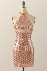 Bridesmaid Dresses Mismatching, High Neck Rose Gold Sequin Tight Mini Dress
