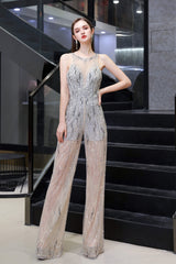Engagement Photo, High Neck See-through Jumpsuit Sleeveless Prom Wear