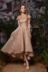 Bridesmaid Dressing Gown, High neck Short Sleeve Champagne Sequined High Low Prom Dresses