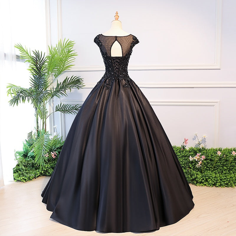 Party Dress Fancy, High Quality Black Satin Long Party Dress, Black Evening Gown