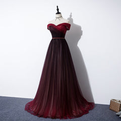 Wedding Shoes Bride, High Quality Gradient Dark Red Sweetheart Long Prom Dress, Tulle Evening Dress