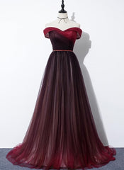 Prom Dress Long, High Quality Gradient Dark Red Sweetheart Long Prom Dress, Tulle Evening Dress