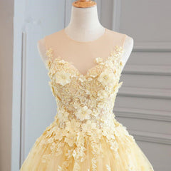 Party Dress Aesthetic, High Quality Lace Yellow Long Party Gown, A-line Evening Dress