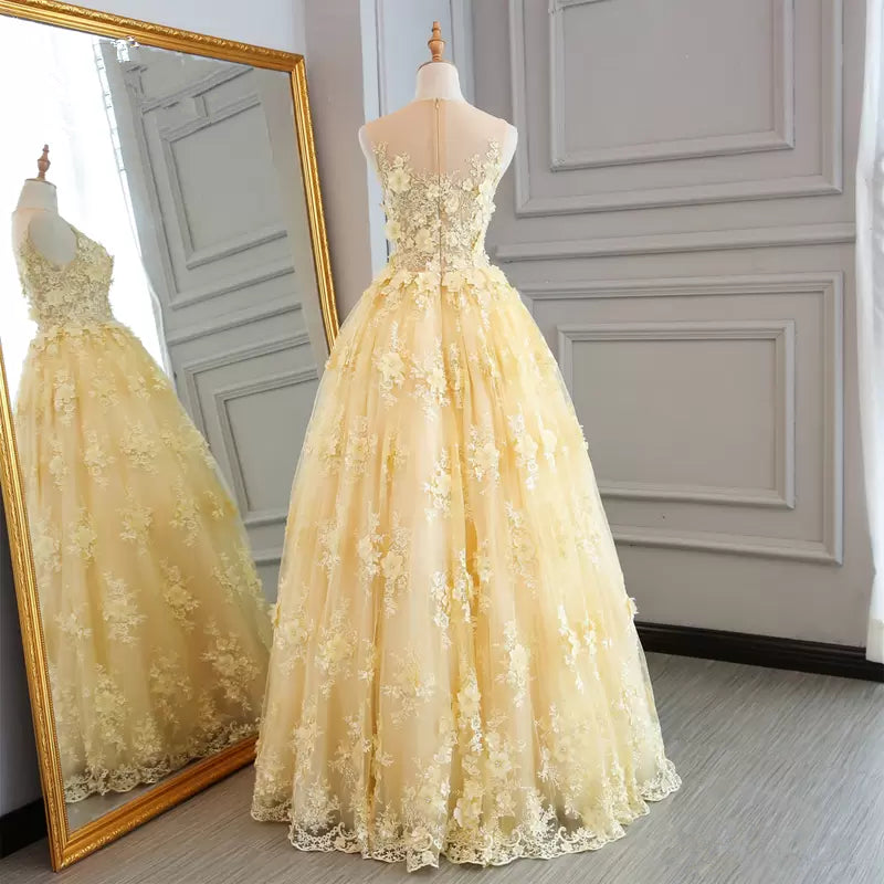 Party Dresses Black, High Quality Lace Yellow Long Party Gown, A-line Evening Dress