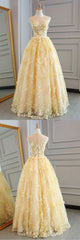 Party Dress Size 22, High Quality Lace Yellow Long Party Gown, A-line Evening Dress