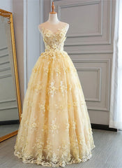 Party Dress Luxury, High Quality Lace Yellow Long Party Gown, A-line Evening Dress