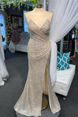 Bridesmaid Dress Shop, High Slit Blue Sequins Straps Mermaid Evening Gown,Ball Gowns Prom Dresses