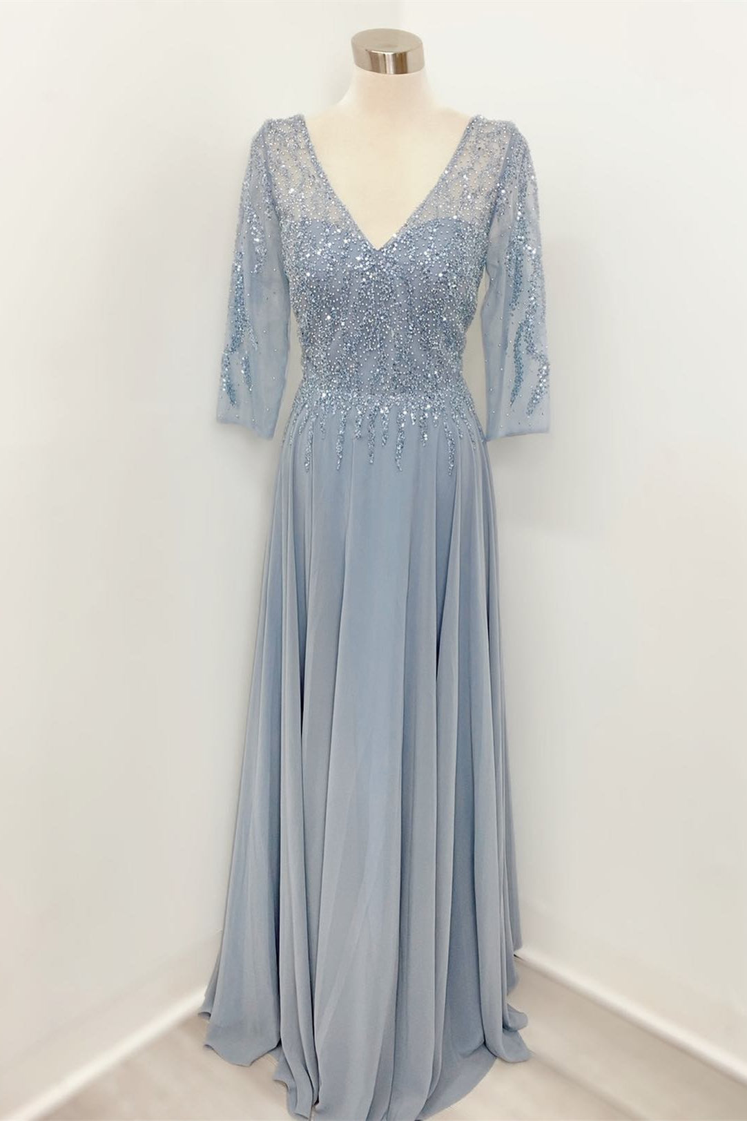 Bridesmaid Dresses Quick Shipping, Mist Deep V Illusion Sleeves Beaded Long Mother of Bride Dress
