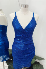 Glamorous Dress, Royal Blue Sequins Deep V Neck Faux-Wrap Homecoming Dress