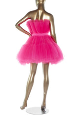 Off Shoulder Prom Dress, Hot Pink A-line Short Puffy Tulle Party Dress Cocktail Dresses