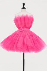 Glamorous Dress, Hot Pink A-line Short Puffy Tulle Party Dress Cocktail Dresses