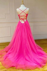 Hot Pink A-Line Tulle Long Prom Dress with Pockets