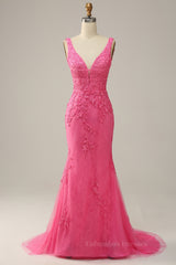Bridesmaid Dresses Uk, Hot Pink Appliques Plunging V Neck Mermaid Long Prom Dress