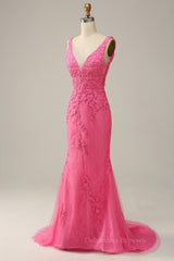 Bridesmaids Dresses Mismatched Fall, Hot Pink Appliques Plunging V Neck Mermaid Long Prom Dress