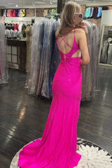 Hot Pink Beading Mermaid Prom Dress with Slit