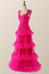 Bridesmaid Dress Spring, Hot Pink Corset Tiered Layers Long Dress