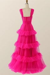 Bridesmaid Dress Fall Wedding, Hot Pink Corset Tiered Layers Long Dress