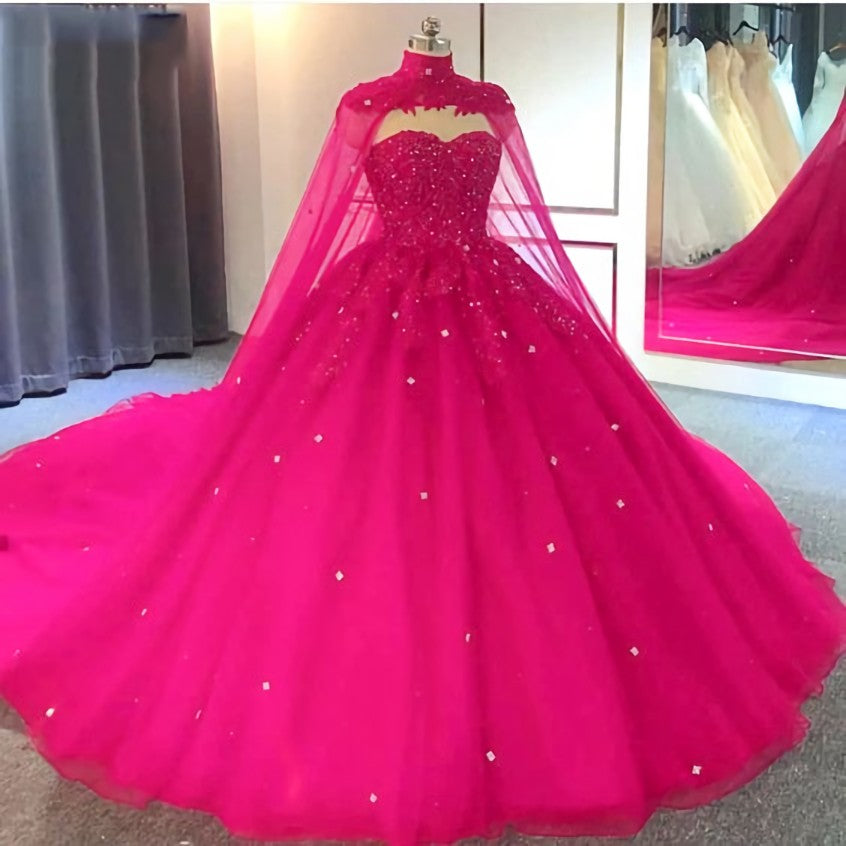 Prom Dresses Bodycon, Hot Pink Detachable Cape Quinceanera Sweet 16 Ball Gown Prom Dress