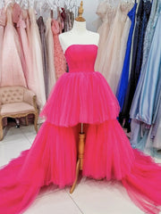 Party Dresses Casual, Hot Pink High Low Prom Dresses, Hot Pink High Low Formal Evening Dresses