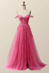 Bachelorette Party Theme, Hot Pink Lace Appliques A-line Long Formal Gown