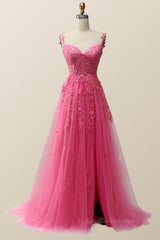 Wedding Bouquet, Hot Pink Lace Appliques A-line Long Formal Gown