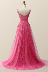 Bridesmaid Dresses Yellow, Hot Pink Lace Appliques A-line Long Formal Gown