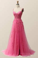 Bridesmaid Dresses Floral, Hot Pink Lace Appliques A-line Long Formal Gown