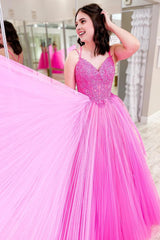 Hot Pink Lace-Up A-line Prom Dress with Ruffles