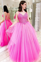 Hot Pink Lace-Up A-line Prom Dress with Ruffles
