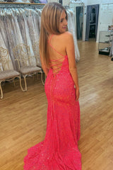 Hot Pink Lace-Up Back Sequins Prom Dress