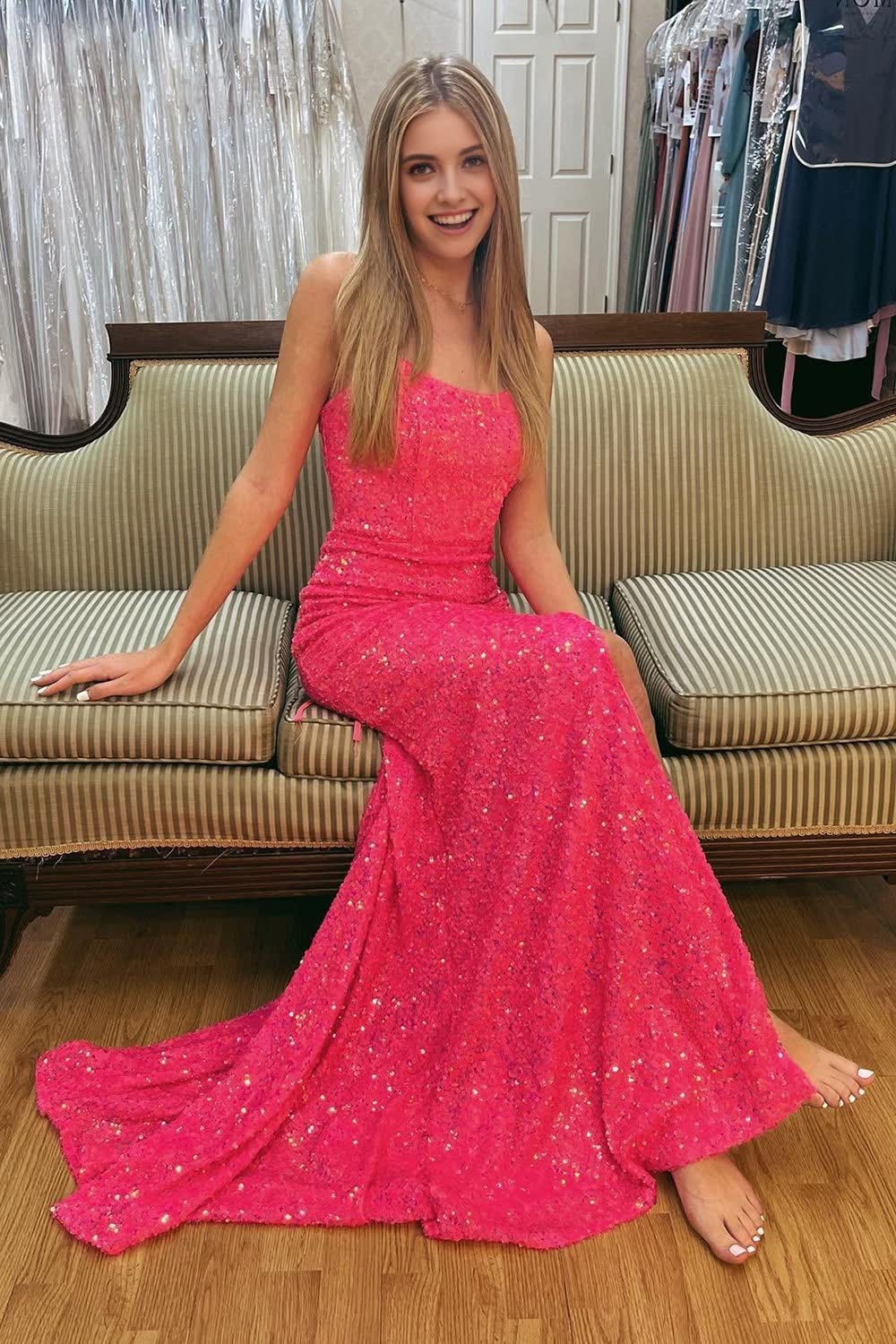 Hot Pink Lace-Up Back Sequins Prom Dress