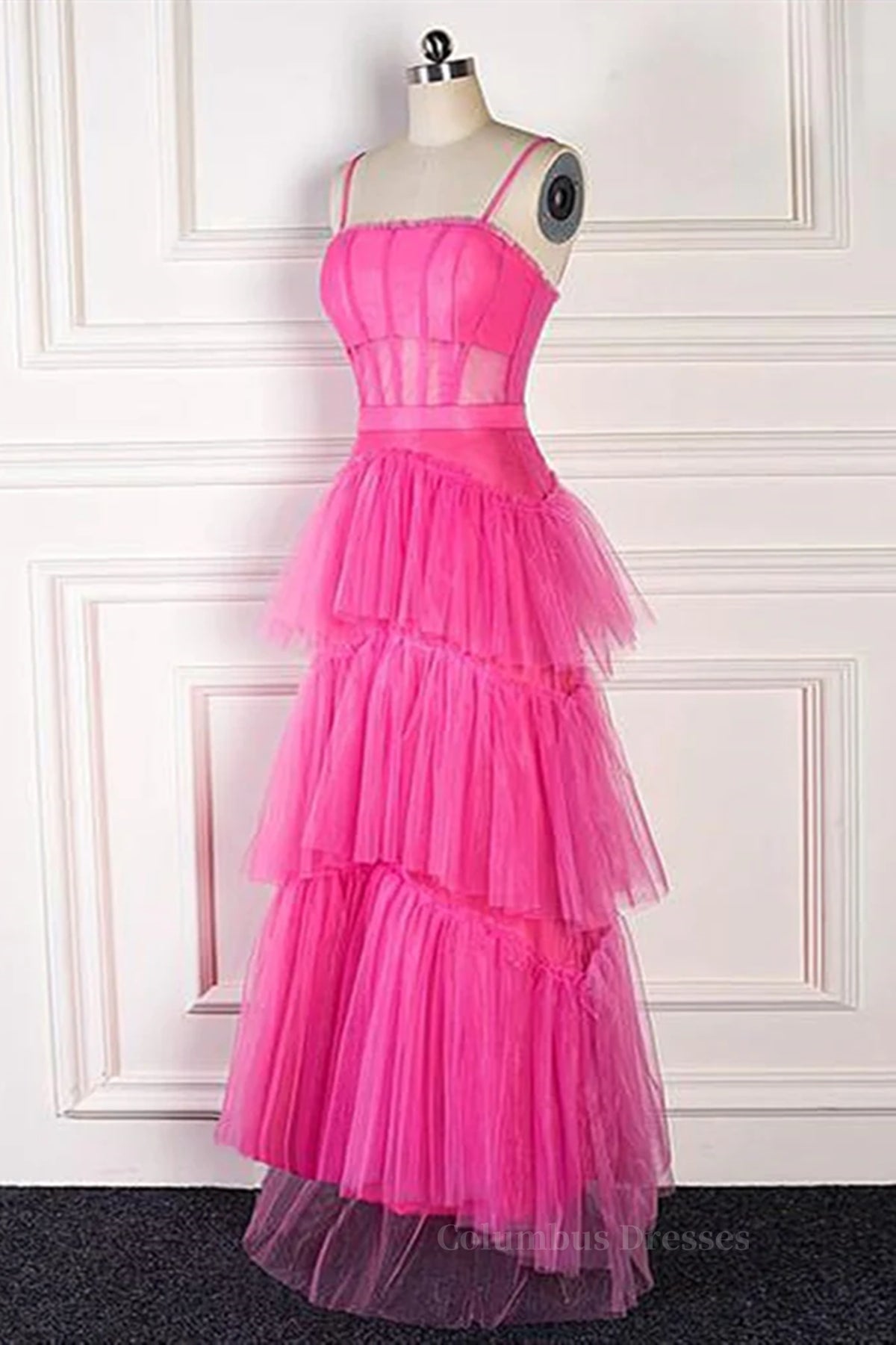 Prom Dresses 2055 Cheap, Hot Pink Long Tulle Prom Dresses, Hot Pink Long Tulle Formal Evening Dresses