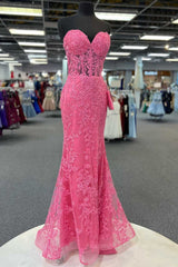 Prom Dress Places, Hot Pink Mermaid Lace Prom Dresses, Hot Pink Mermaid Lace Formal Evening Dresses