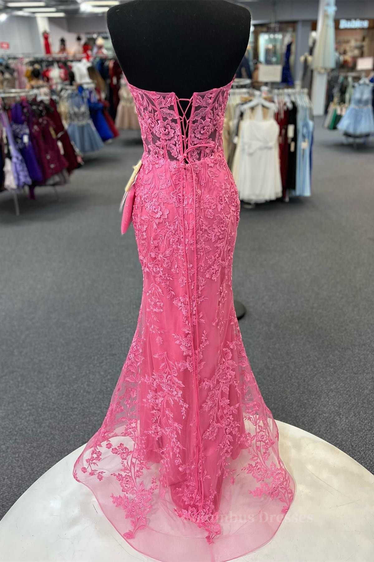 Prom Dress For Teen, Hot Pink Mermaid Lace Prom Dresses, Hot Pink Mermaid Lace Formal Evening Dresses