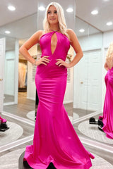 Hot Pink Mermaid Prom Dress With Hollow Out