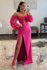 Hot Pink Off The Shoulder Detachale Sleeves Cut Out Prom Dress